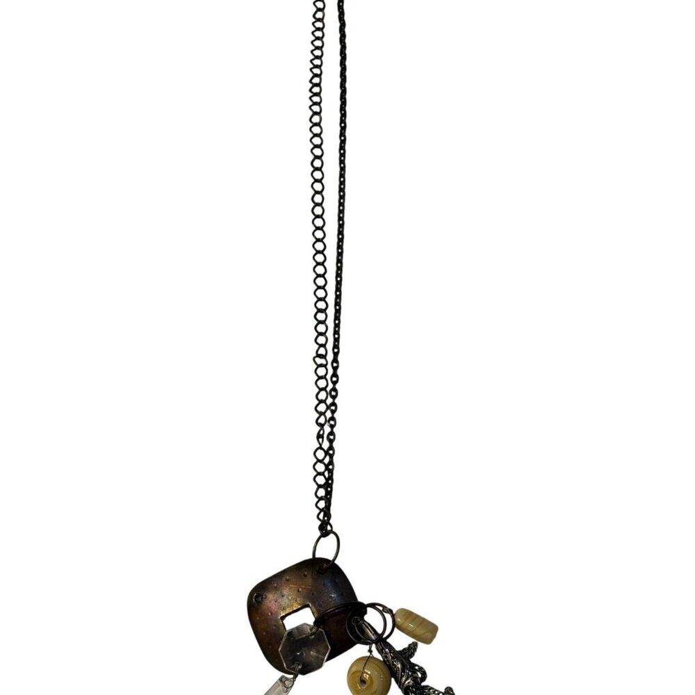 Long Bohemian Charm Necklace Brass Tone Locket Pendant Pearls 14" Womens Jewelry